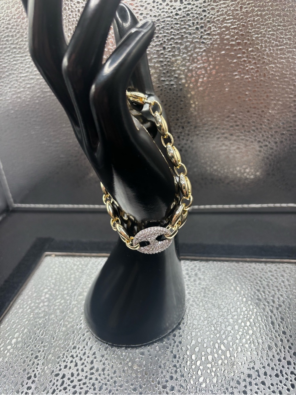 Gold-Tone Chain Bracelet with Pave Crystal Link Accent